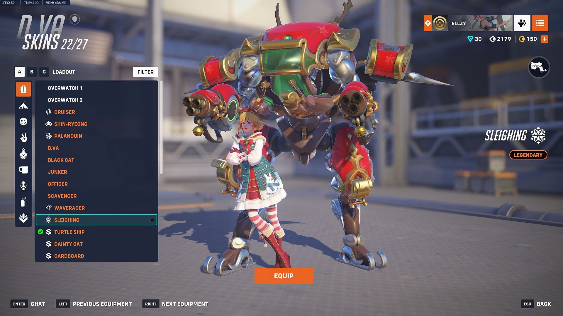 Sleighing D.Va skin (Image via Sportskeeda Gaming | Blizzard Entertainment)